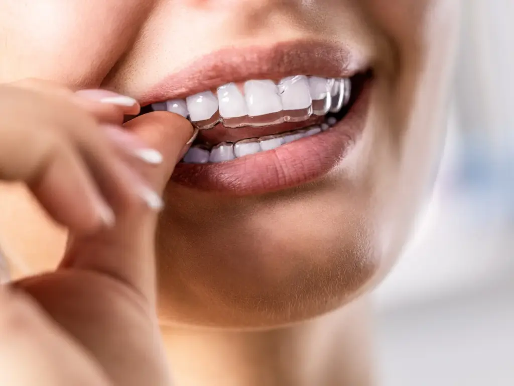 A woman fitting a clear removable aligner over her teeth